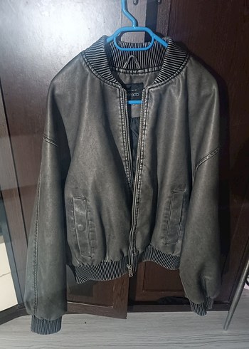 Gri Deri Ceket, Rahat Kesim, Fermuarlı - Görsel 2