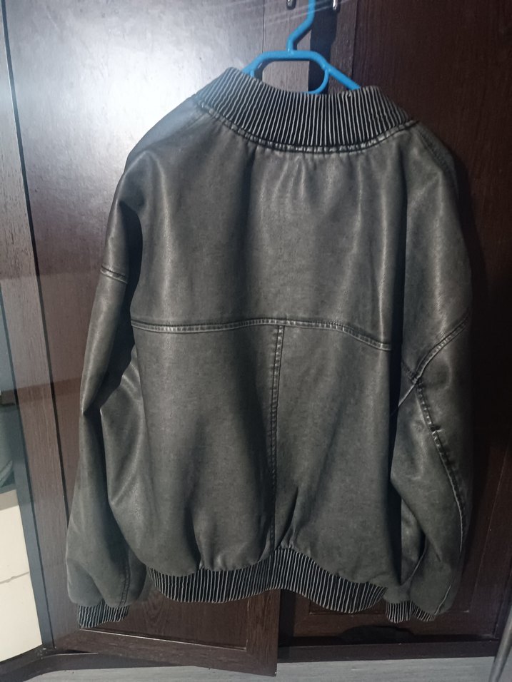Gri Deri Ceket, Rahat Kesim, Fermuarlı - Görsel 3