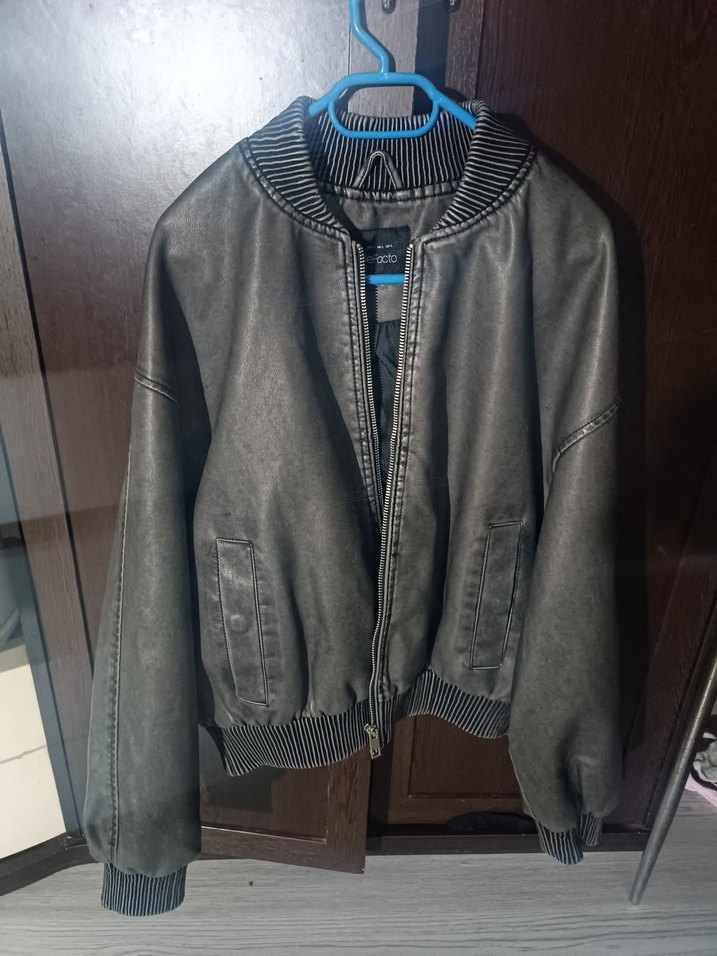 Gri Deri Ceket, Rahat Kesim, Fermuarlı - Görsel 2