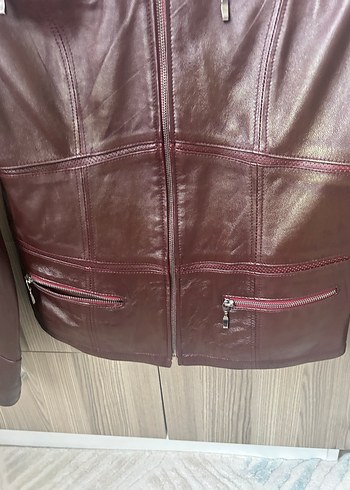 Kadın Bordo Deri Biker Ceket - Görsel 4