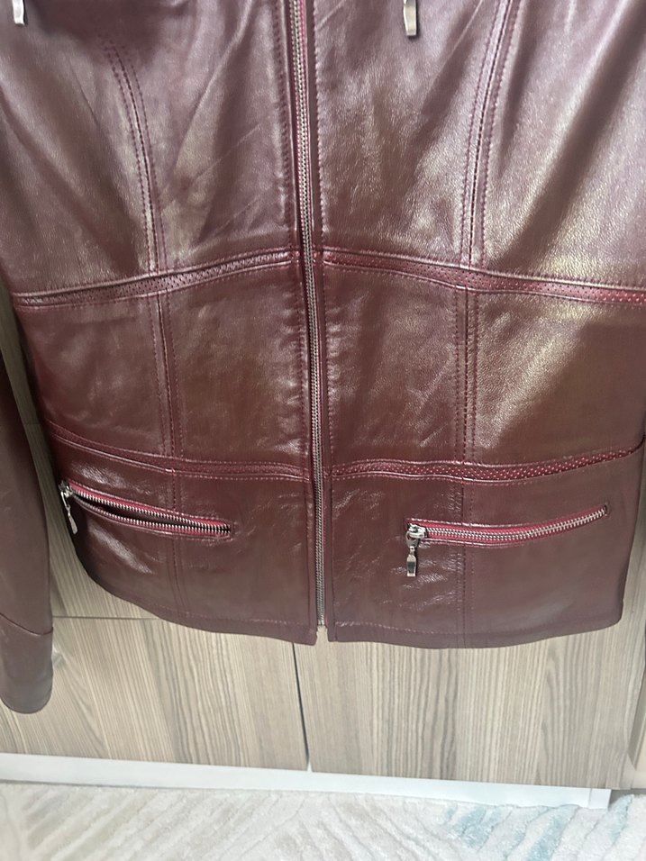 Kadın Bordo Deri Biker Ceket - Görsel 4