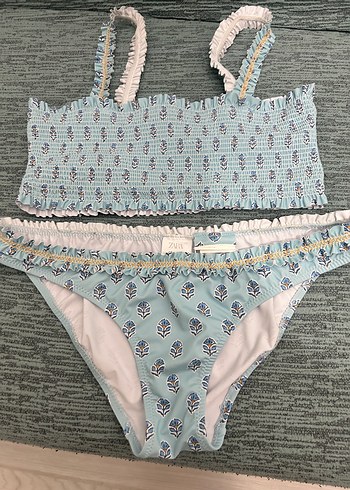 Zara Nakışlı Fırfırlı Mavi Bohem Bikini
