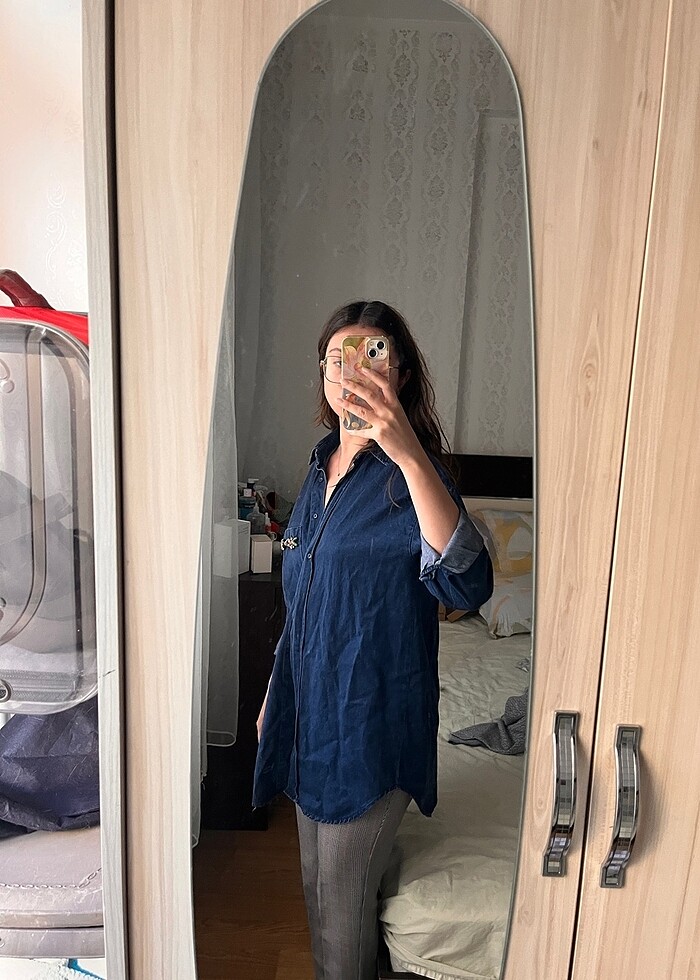 Uzun kot gömlek taş detaylı - Görsel 2