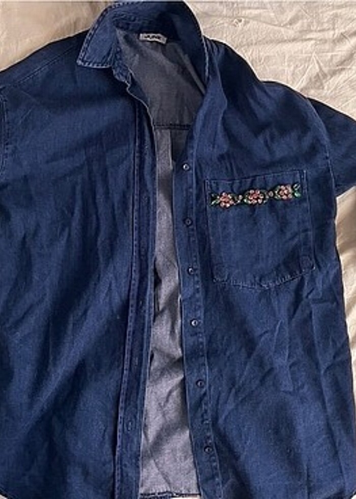 Uzun kot gömlek taş detaylı - Görsel 3