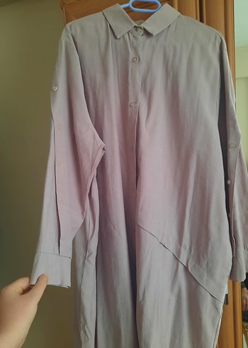 Bej Kadın Keten Gömlek, Uzun Kollu, Düğmeli - Görsel 4