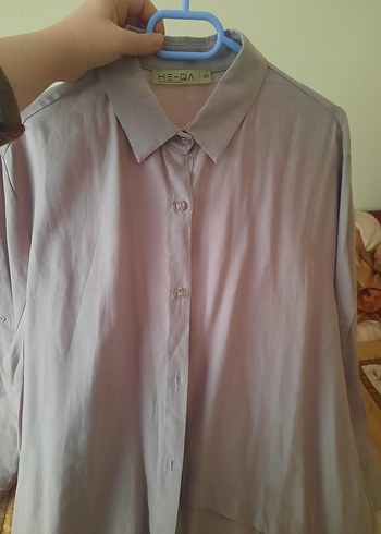 Bej Kadın Keten Gömlek, Uzun Kollu, Düğmeli - Görsel 2