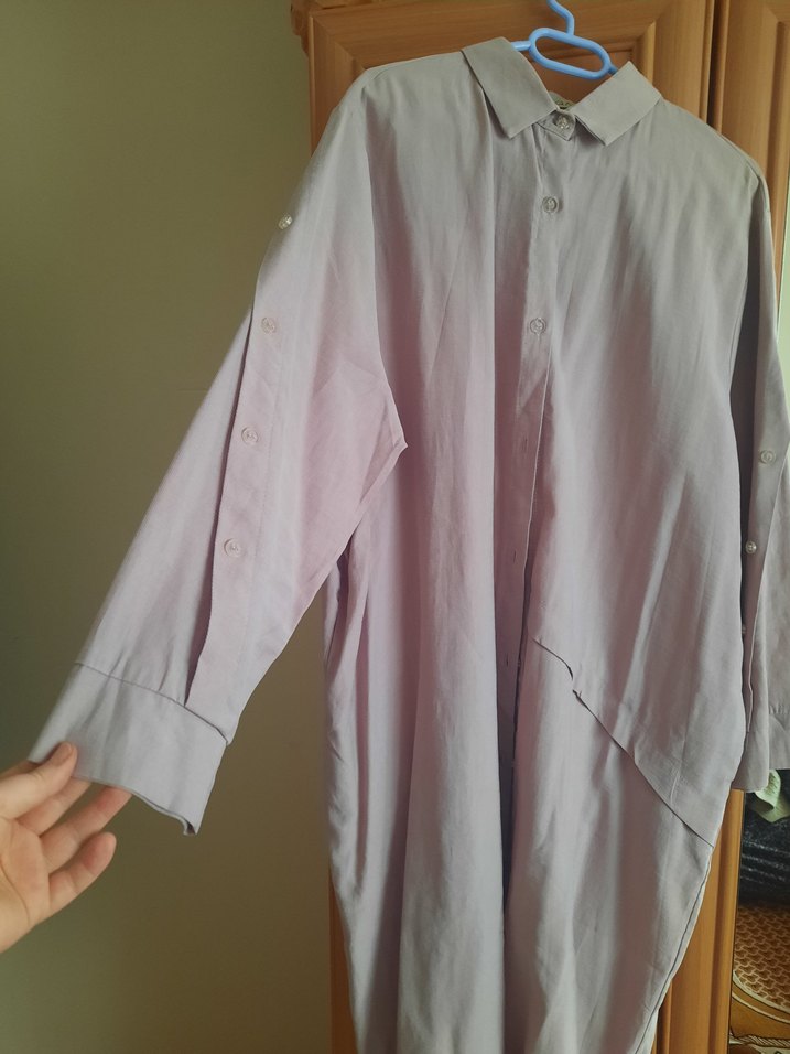 Bej Kadın Keten Gömlek, Uzun Kollu, Düğmeli - Görsel 3