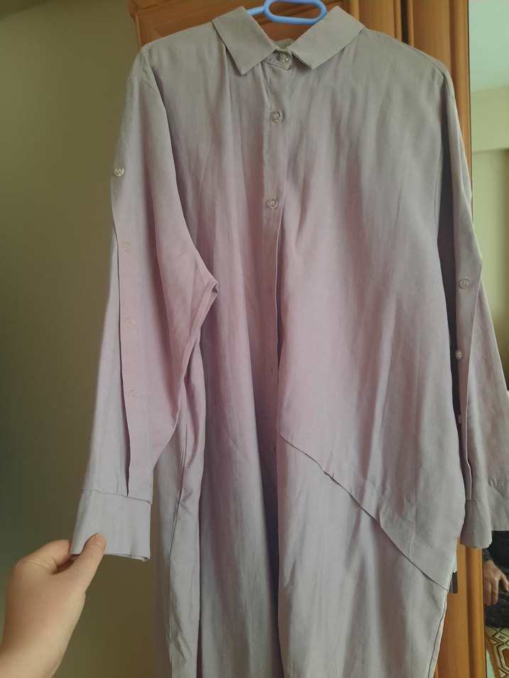 Bej Kadın Keten Gömlek, Uzun Kollu, Düğmeli - Görsel 4