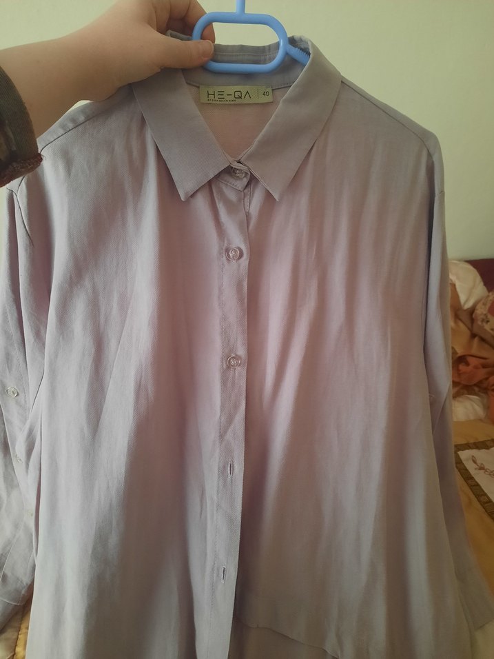 Bej Kadın Keten Gömlek, Uzun Kollu, Düğmeli - Görsel 2