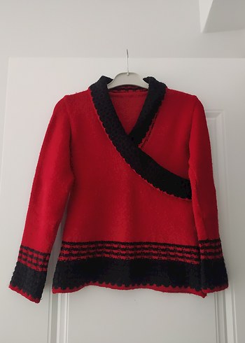 Kırmızı Siyah V Yaka Yün Kazak - Görsel 3