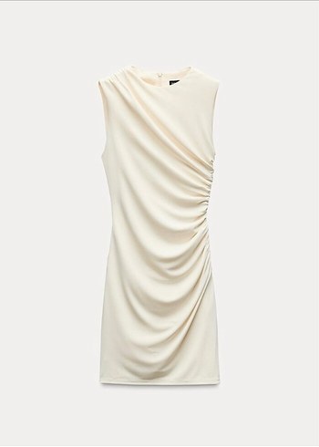 Zara Ekru Drapeli Mini Elbise