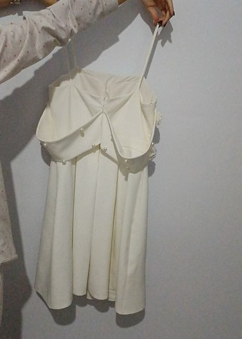 Beyaz Mini Straplez Fırfırlı Abiye Elbise - Görsel 3