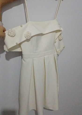 Beyaz Mini Straplez Fırfırlı Abiye Elbise - Görsel 2