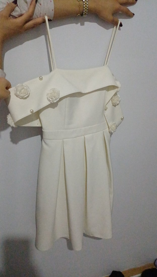 Beyaz Mini Straplez Fırfırlı Abiye Elbise - Görsel 2