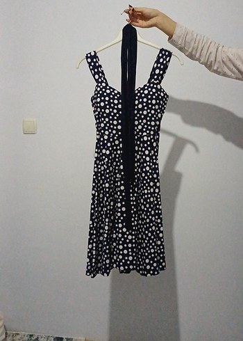 Lacivert Puantiyeli Midi Halter Elbise - Görsel 2