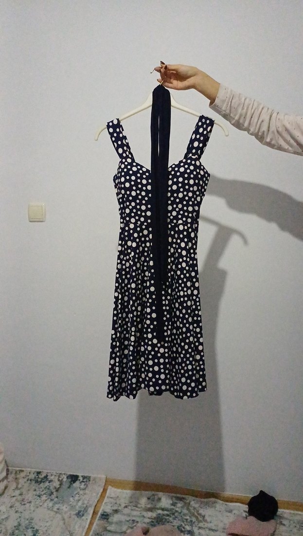 Lacivert Puantiyeli Midi Halter Elbise - Görsel 2