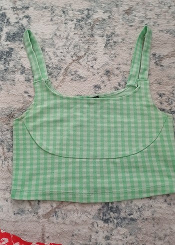 Yeşil Kareli Düğmeli Crop Top