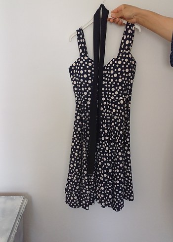 Lacivert Puantiyeli Midi Halter Elbise