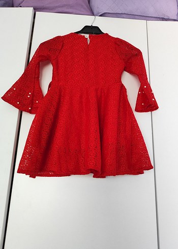 Kız Çocuk Kırmızı Dantelli Uzun Kollu Elbise - Görsel 2