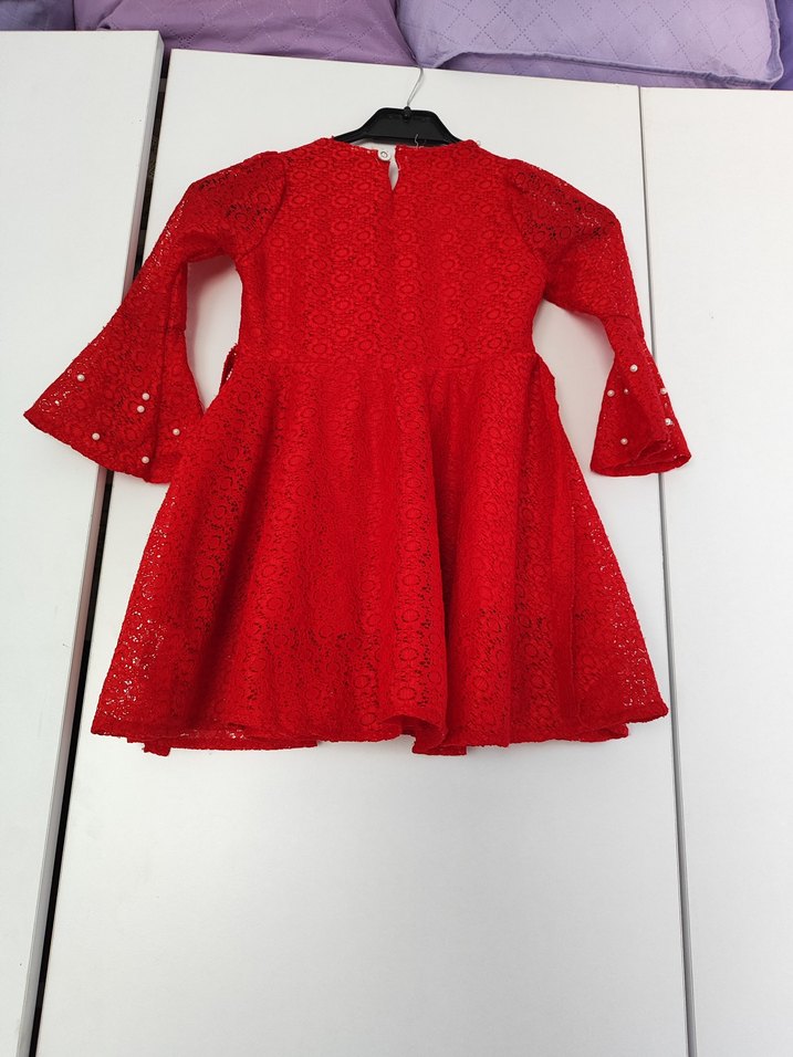 Kız Çocuk Kırmızı Dantelli Uzun Kollu Elbise - Görsel 2