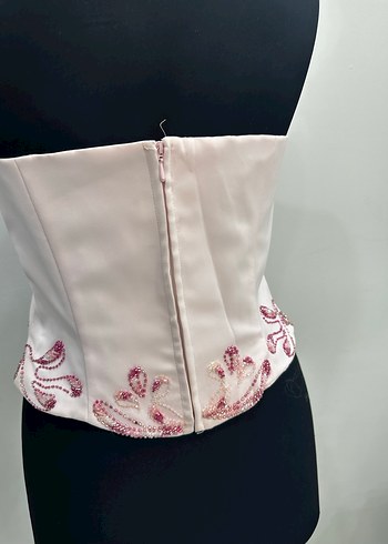 Pembe İşlemeli Boncuklu Straplez Mini Büstiyer - Görsel 3