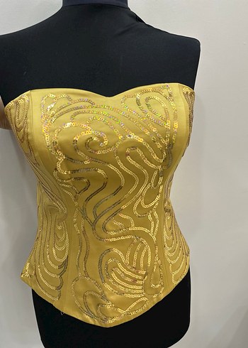 Sarı Parlak İşlemeli Straplez Büstiyer - Görsel 2