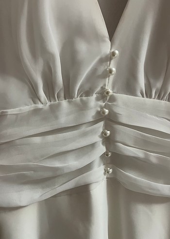 Uzun Kollu, V Yaka Midi Beyaz Mini Gelinlik - Görsel 5