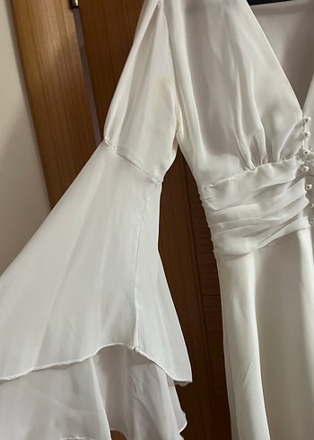 Uzun Kollu, V Yaka Midi Beyaz Mini Gelinlik - Görsel 3