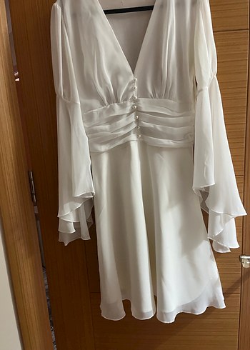 Uzun Kollu, V Yaka Midi Beyaz Mini Gelinlik - Görsel 2