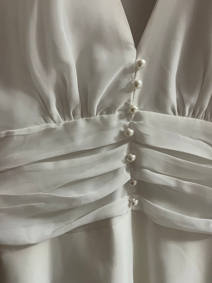 Uzun Kollu, V Yaka Midi Beyaz Mini Gelinlik - Görsel 5