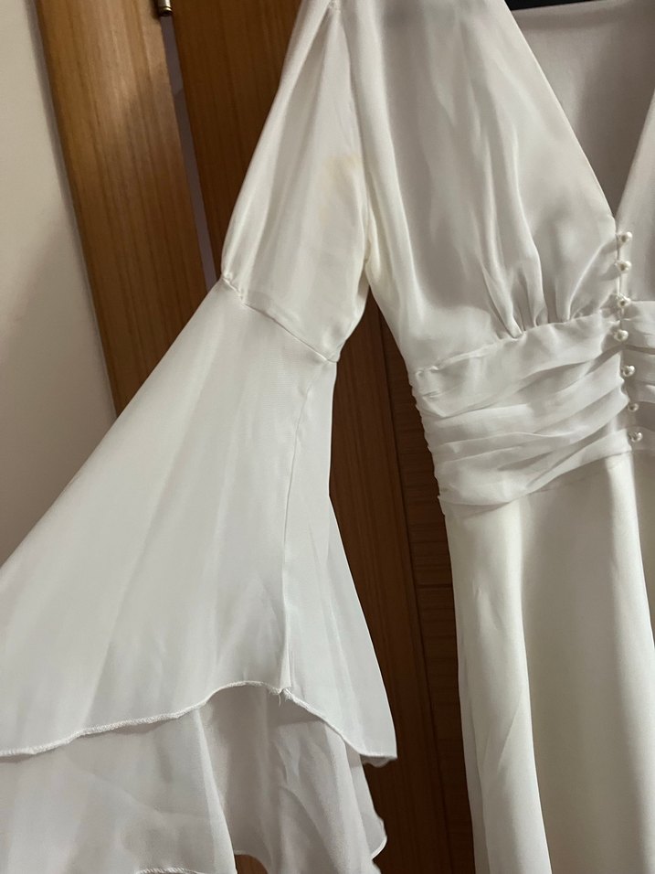 Uzun Kollu, V Yaka Midi Beyaz Mini Gelinlik - Görsel 3