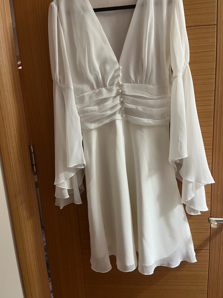 Uzun Kollu, V Yaka Midi Beyaz Mini Gelinlik - Görsel 2