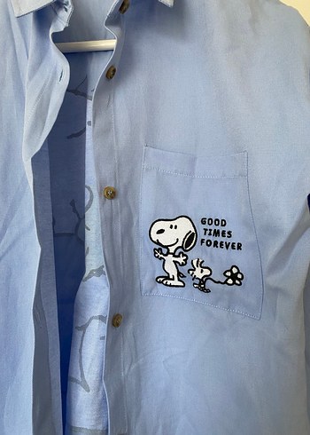 Düğmeli Mavi Pamuklu Gömlek - Görsel 3