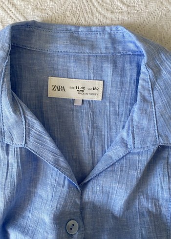 Mavi Keten Kısa Kollu Kadın Gömlek - Görsel 2