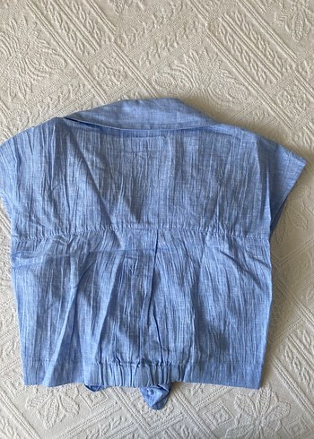 Mavi Keten Kısa Kollu Kadın Gömlek - Görsel 4