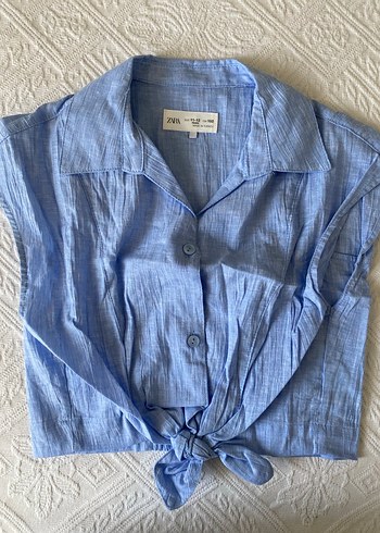 Mavi Keten Kısa Kollu Kadın Gömlek - Görsel 3