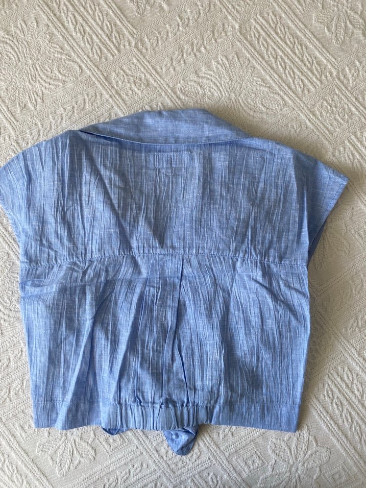 Mavi Keten Kısa Kollu Kadın Gömlek - Görsel 4