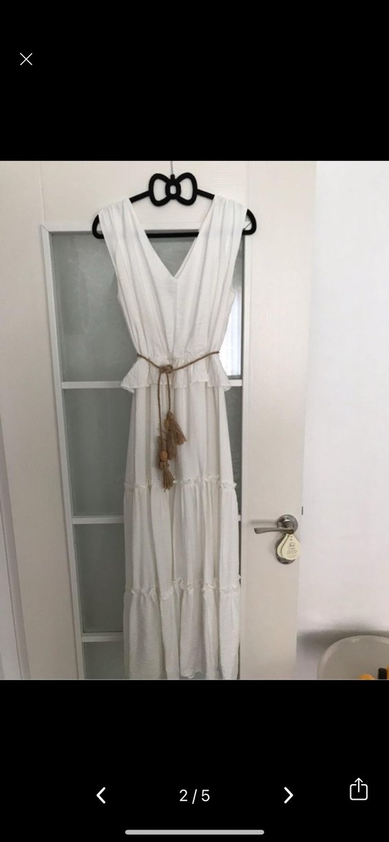 Beyaz Bohem Uzun Keten Elbise Püsküllü - Görsel 3