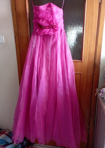 Pembe Uzun Askılı Drapeli Kadın Abiye Elbise - Görsel 2