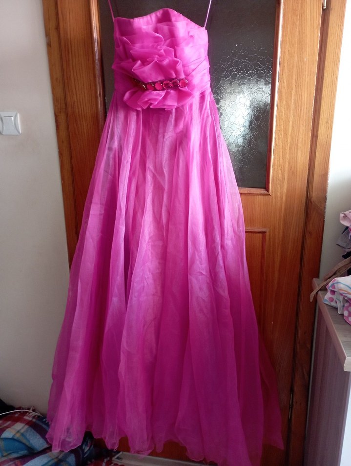 Pembe Uzun Askılı Drapeli Kadın Abiye Elbise - Görsel 2