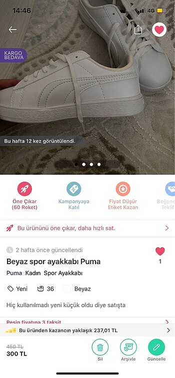 36 Beden Beyaz puma spor ayakkabı