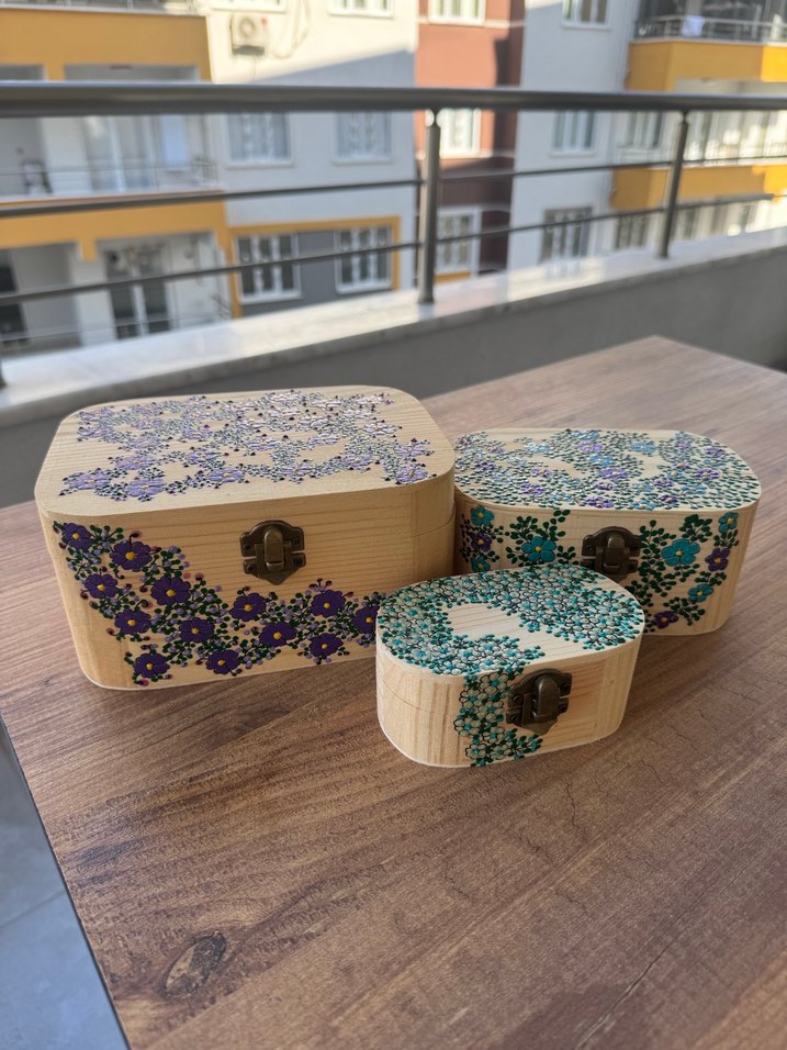 Çiçek Desenli Ahşap Bohem Kutu Seti - Görsel 2