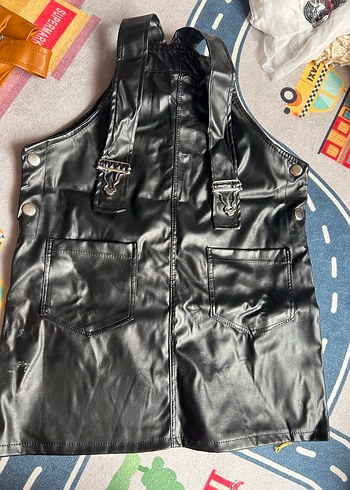 Kızlar için Siyah Deri Rock Punk Askılı Elbise