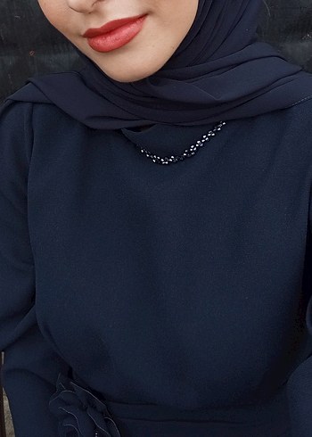 Diğer Önü Fırfırlı Krep Tesettür Abiye Lacivert