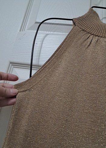 gold simli  Midi Boğazlı Triko Elbise - Görsel 4