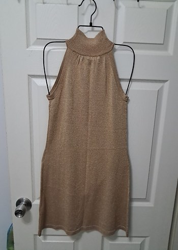 gold simli  Midi Boğazlı Triko Elbise - Görsel 2