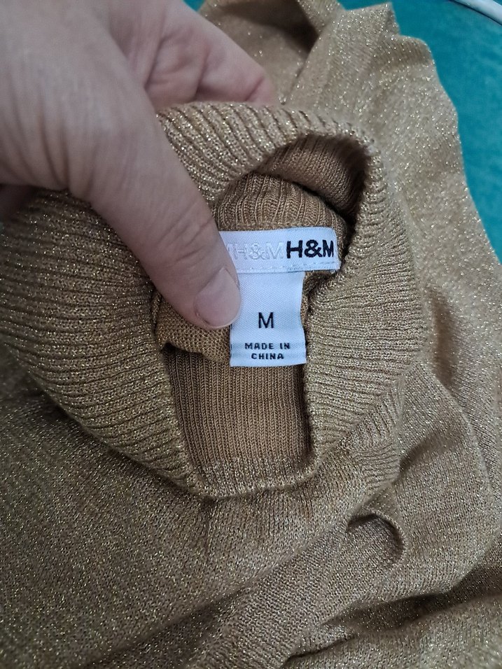 gold simli  Midi Boğazlı Triko Elbise - Görsel 5