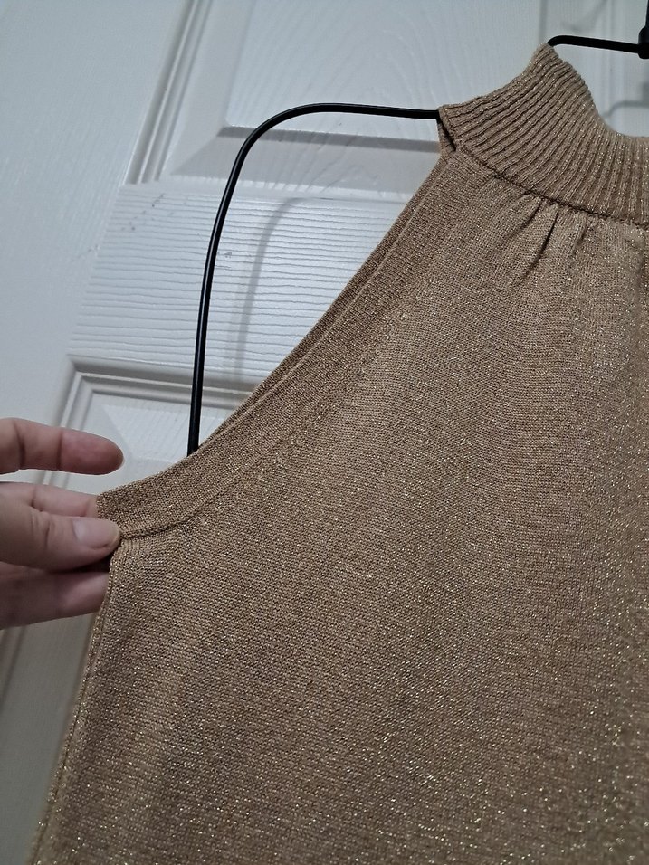 gold simli  Midi Boğazlı Triko Elbise - Görsel 4