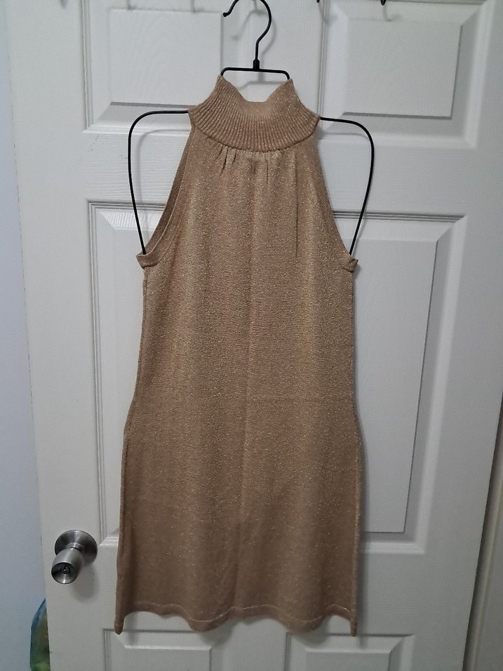 gold simli  Midi Boğazlı Triko Elbise - Görsel 2