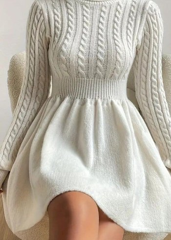 Bohem Tarzda Yüksek Yakalı Örgü Midi Elbise - Görsel 5